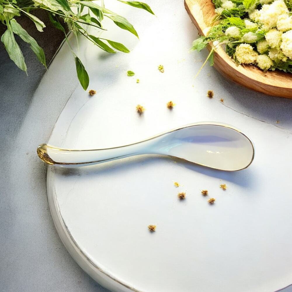 Porcelain Soup Spoon-White w Gold-Replacement Single-Rice-Noodle-Asian-Wonton